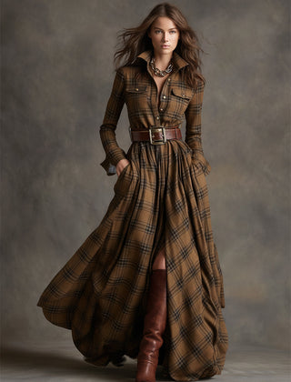 Belted shirt dress in brown plaid with long sleeves, button-front, and full skirt