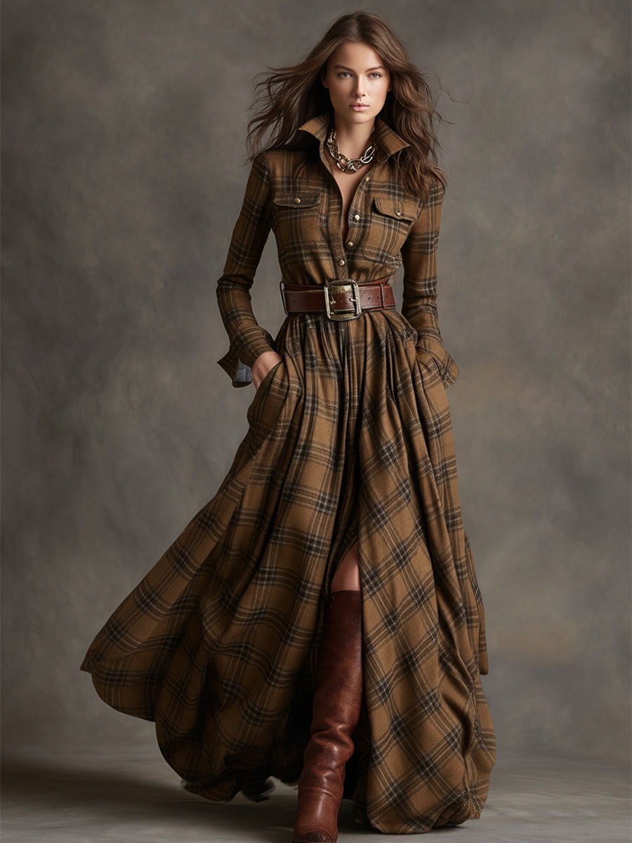 Belted shirt dress in brown plaid with long sleeves, button-front, and full skirt