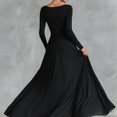 Black long-sleeve maxi dress, back view with ruched waist and full gathered skirt
