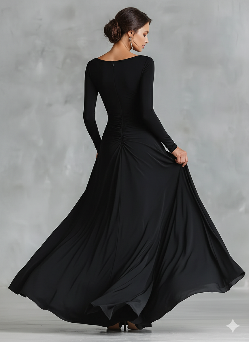 Black long-sleeve maxi dress, back view with ruched waist and full gathered skirt