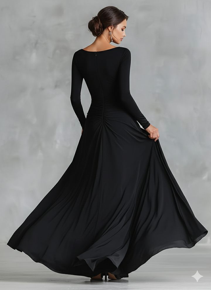 Black long-sleeve maxi dress, back view with ruched waist and full gathered skirt