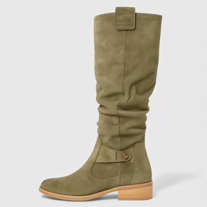 Olive green tall boots with top buckle tab, side strap, low block heel