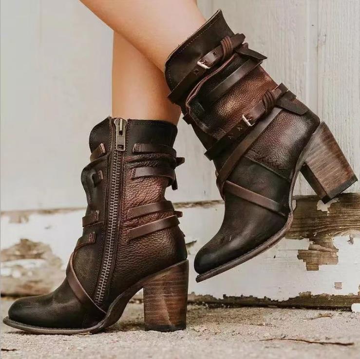 Dark brown slouchy leather ankle boots with buckle straps, side zipper, block heel