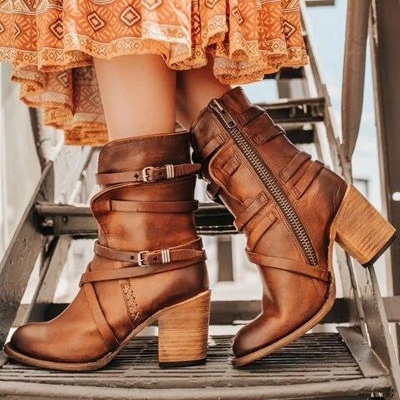 Brown slouchy leather ankle boots with buckle straps and side zipper, block heel
