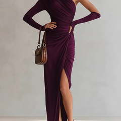 Elegant dark-purple one-shoulder maxi dress with draped overlay and thigh slit
