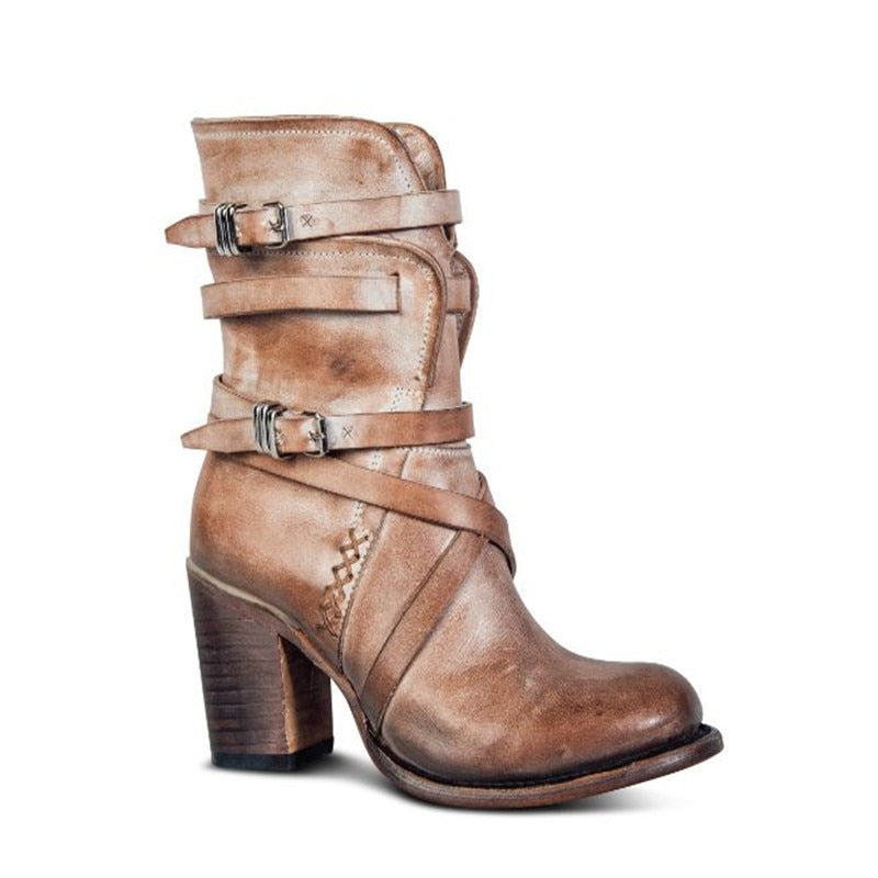 Light brown slouchy leather ankle boots with buckle straps and block heel