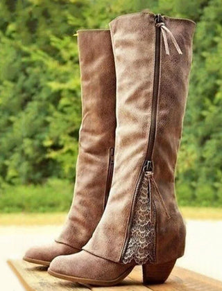 Brown knee-high boots with side zipper and decorative lace trim