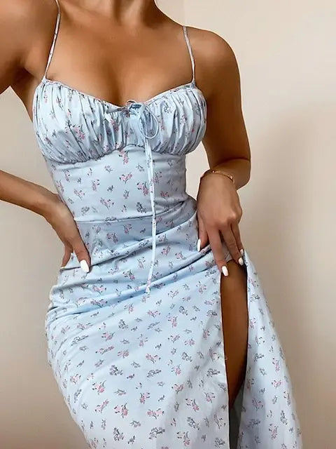 Light blue floral maxi slip dress with spaghetti straps, ruched bust and side slit