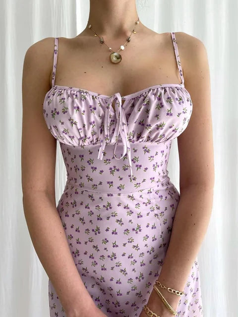 Lavender floral maxi slip dress with spaghetti straps, drawstring waist and front slit