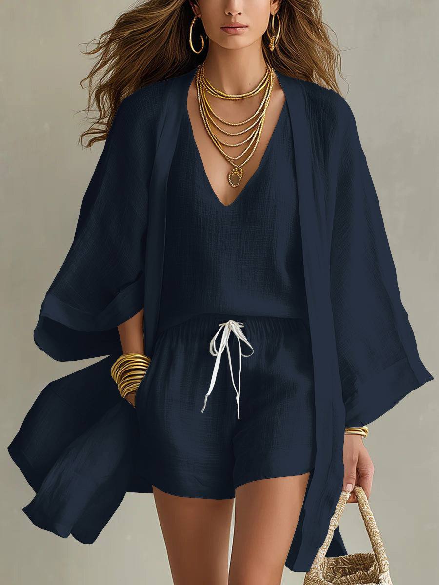 Navy V-neck top and drawstring shorts with matching lightweight kimono-style cover-up