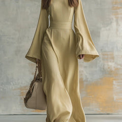 Elegant maxi dress in sand yellow, square neckline, flared bell sleeves, gathered waist