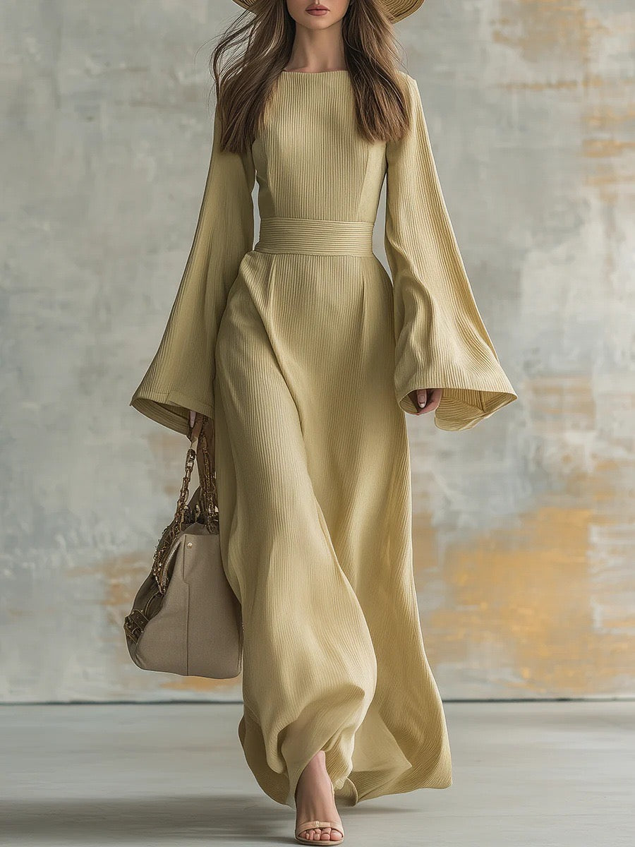 Elegant maxi dress in sand yellow, square neckline, flared bell sleeves, gathered waist
