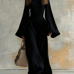 Elegant maxi dress in black, square neckline, flared bell sleeves, gathered waist