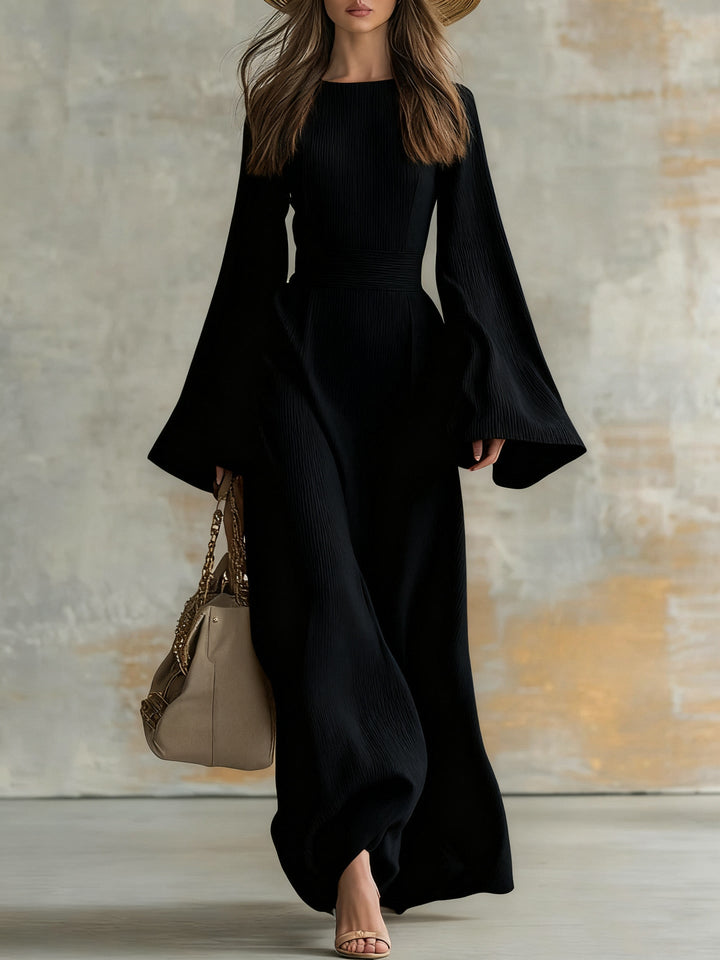 Elegant maxi dress in black, square neckline, flared bell sleeves, gathered waist