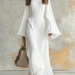 Elegant maxi dress in white, square neckline, flared bell sleeves, gathered waist