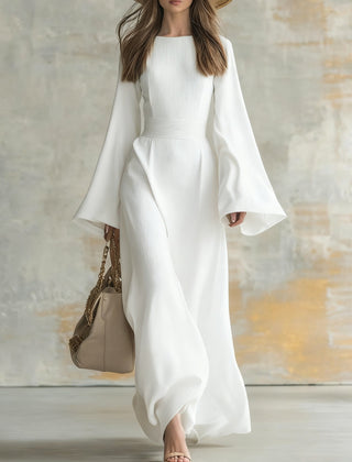 Elegant maxi dress in white, square neckline, flared bell sleeves, gathered waist