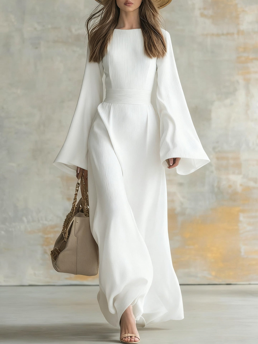Elegant maxi dress in white, square neckline, flared bell sleeves, gathered waist
