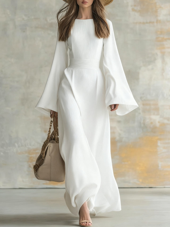 Elegant maxi dress in white, square neckline, flared bell sleeves, gathered waist