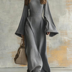 Elegant maxi dress in gray, square neckline, flared bell sleeves, gathered waist