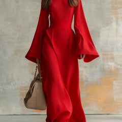 Elegant maxi dress in red, square neckline, flared bell sleeves, gathered waist
