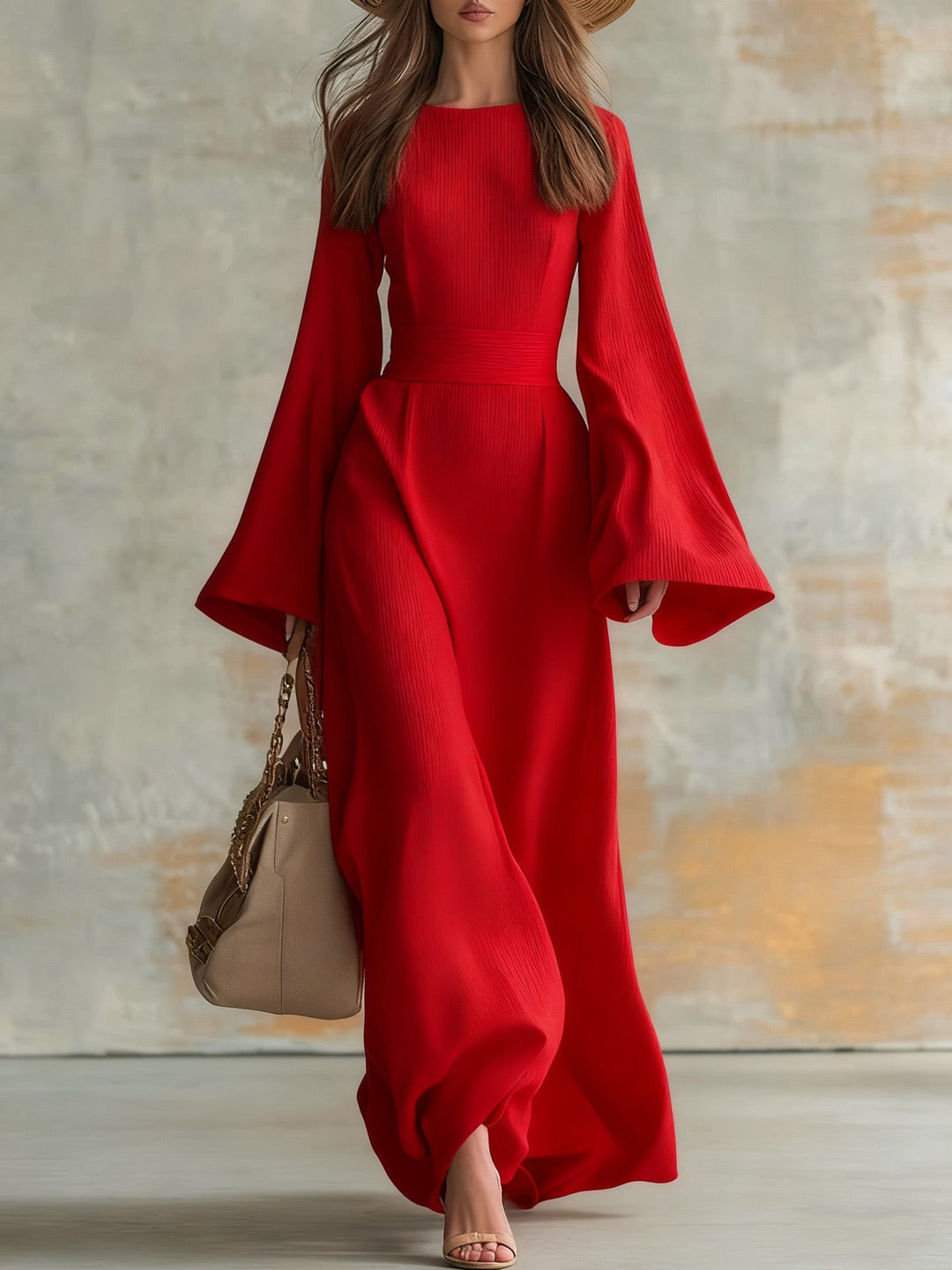 Elegant maxi dress in red, square neckline, flared bell sleeves, gathered waist