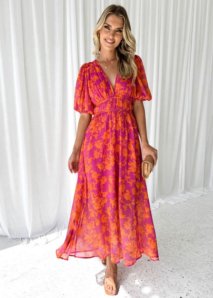 Ossie™ floral midi dress with V-neck, short puff sleeves, flowing gathered skirt
