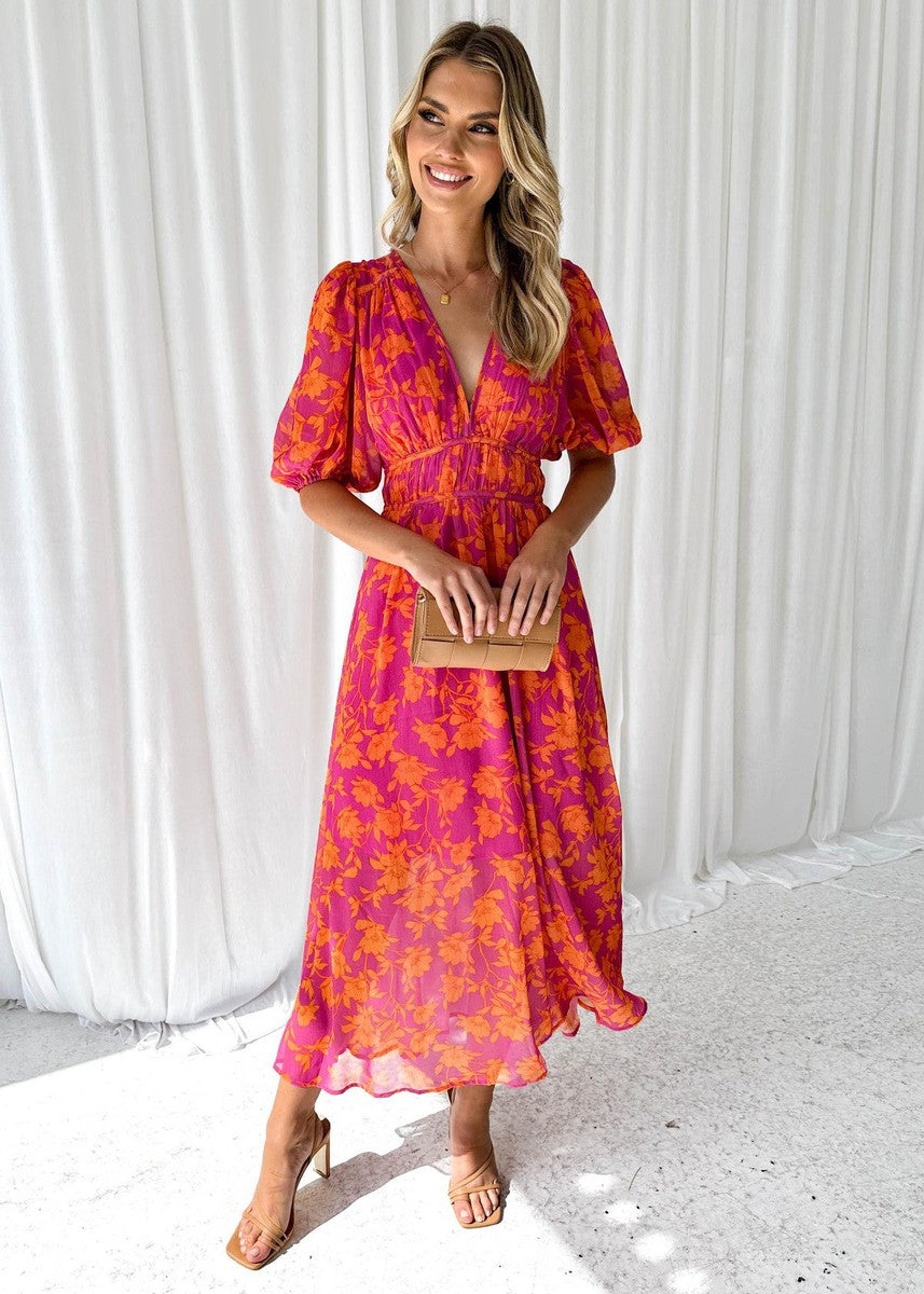Ossie™ floral midi dress, pink-red with V-neck and puff sleeves, gathered waist
