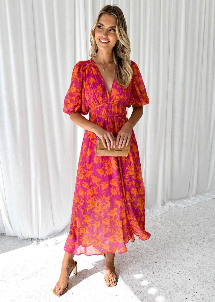 Ossie™ floral midi dress, pink-red with V-neck and puff sleeves, gathered waist
