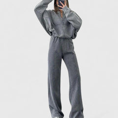 Zip-up sweater and drawstring pants set in heather gray with relaxed straight-leg fit.
