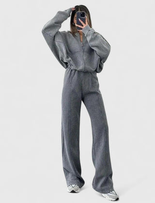 Zip-up sweater and drawstring pants set in heather gray with relaxed straight-leg fit.