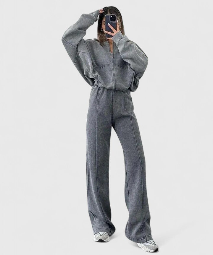 Zip-up sweater and drawstring pants set in heather gray with relaxed straight-leg fit.