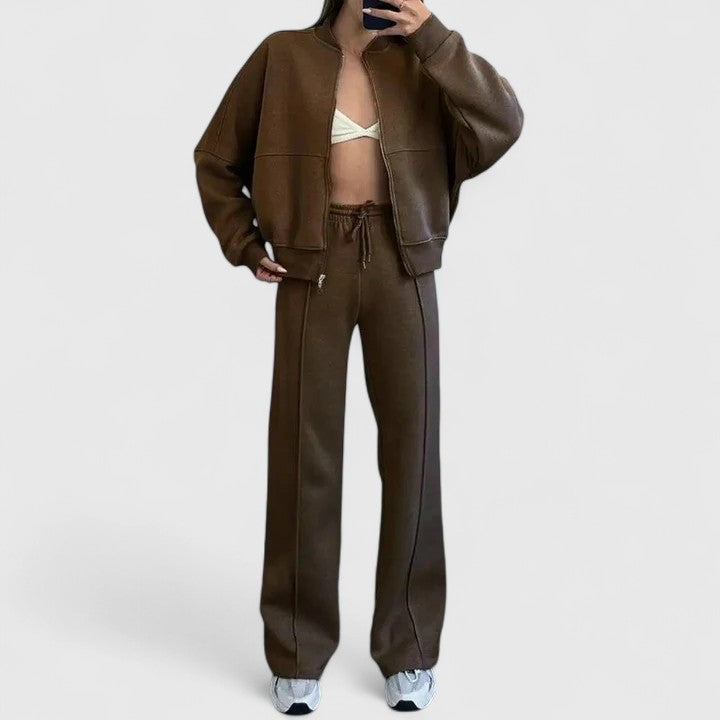 Zip-up sweater and drawstring pants set in brown with relaxed fit and adjustable waistband.