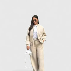Beige sweater and matching pants set, crewneck long-sleeve top with loose joggers