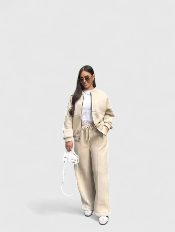 Beige sweater and matching pants set, crewneck long-sleeve top with loose joggers