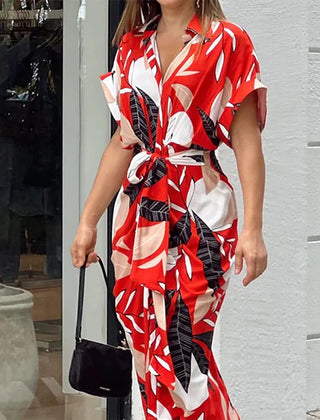 Red and white graphic wrap maxi dress with short sleeves and tie waist