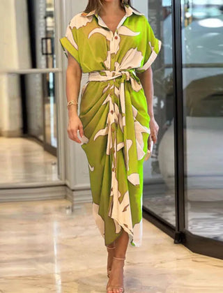 Lime green wrap maxi dress with cream leaf pattern, short sleeves and tie waist