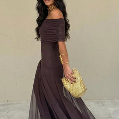 Off-shoulder maxi dress, dark brown, fitted bodice with flowing sheer overlay skirt