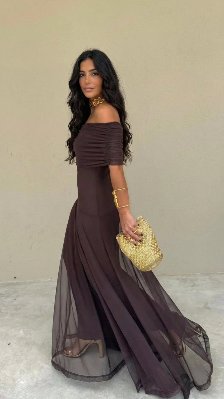 Off-shoulder maxi dress, dark brown, fitted bodice with flowing sheer overlay skirt