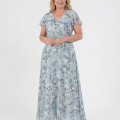 Sky blue floral chiffon maxi dress with V-neck and short sleeves, tiered skirt.