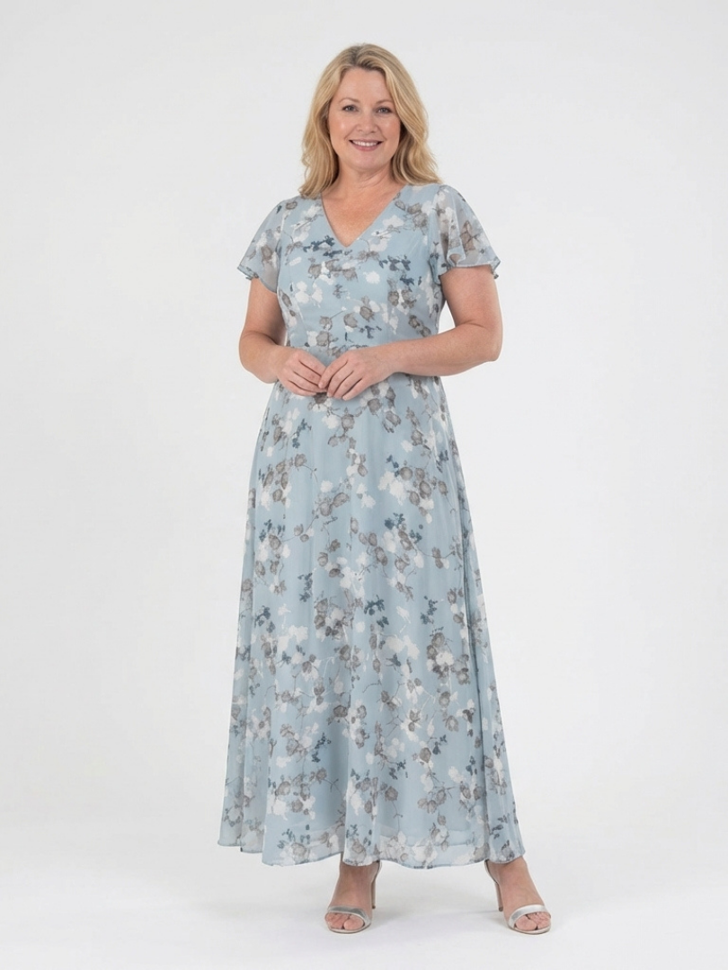 Sky blue floral chiffon maxi dress with V-neck and short sleeves, tiered skirt.