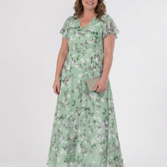 Green floral chiffon maxi dress with V-neck and short sleeves, flowing tiered skirt.