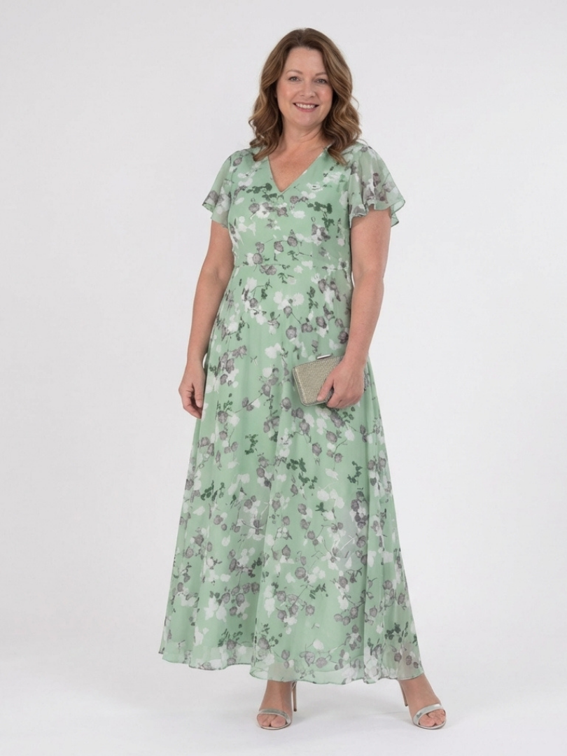 Green floral chiffon maxi dress with V-neck and short sleeves, flowing tiered skirt.