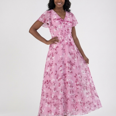Pink floral chiffon maxi dress with V-neck, short sleeves, and tiered skirt.