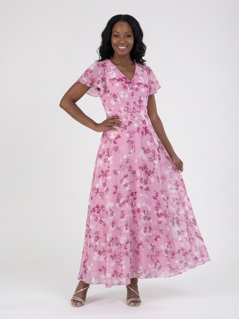 Pink floral chiffon maxi dress with V-neck, short sleeves, and tiered skirt.