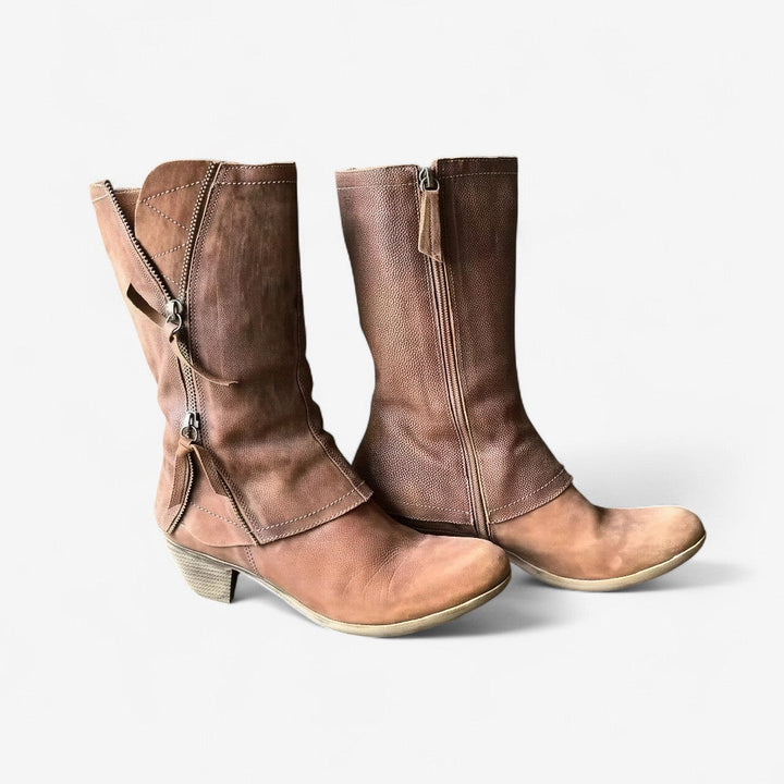 Brown leather ankle boots with side zipper and low stacked heel