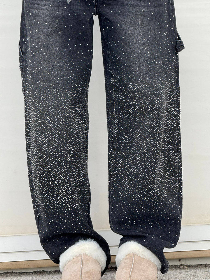 Dark navy speckled denim trousers, front view with wide straight legs