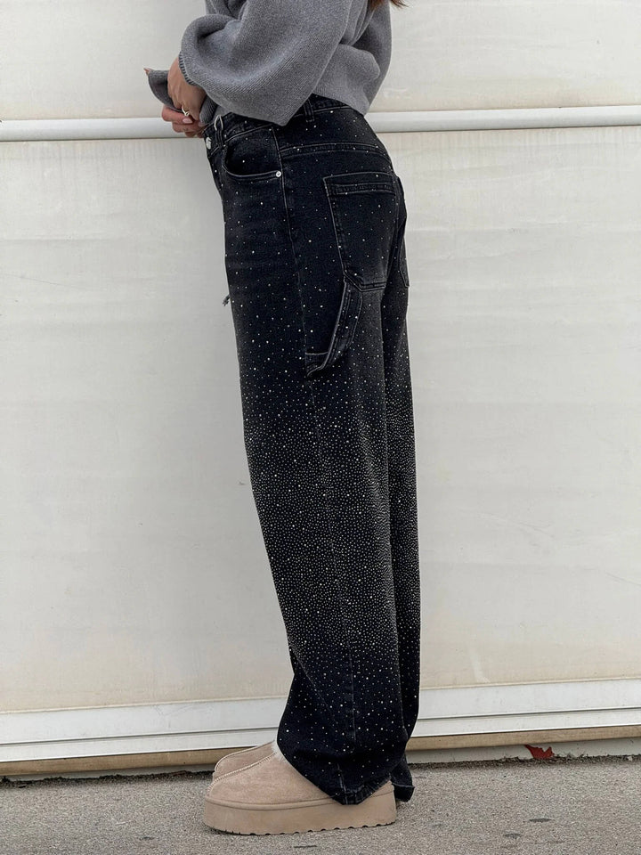 Dark blue speckled denim trousers with long straight leg and belt loops