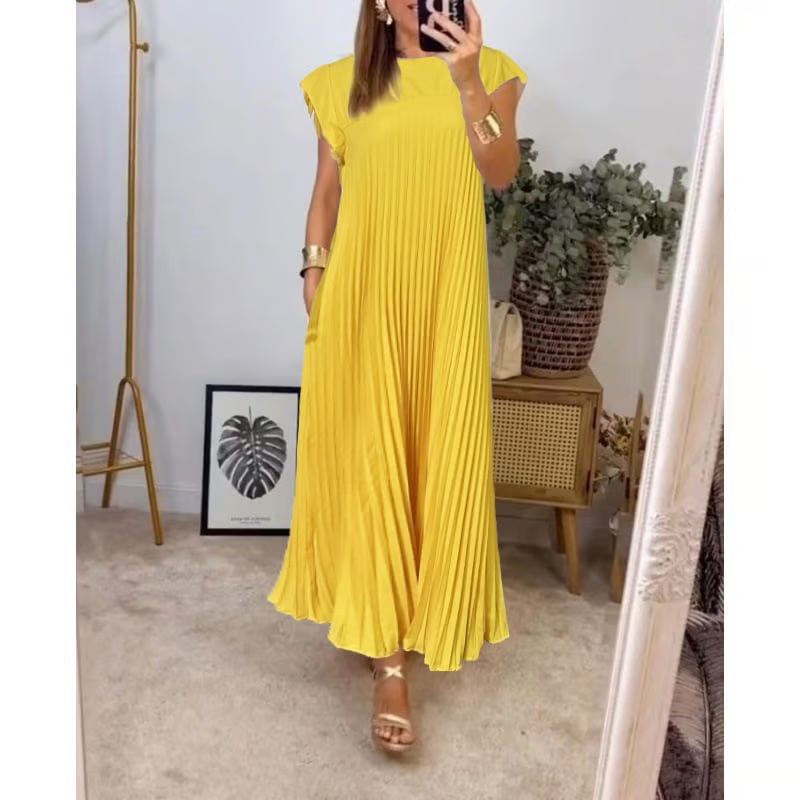 Yellow pleated midi dress with short puff sleeves and draped bodice