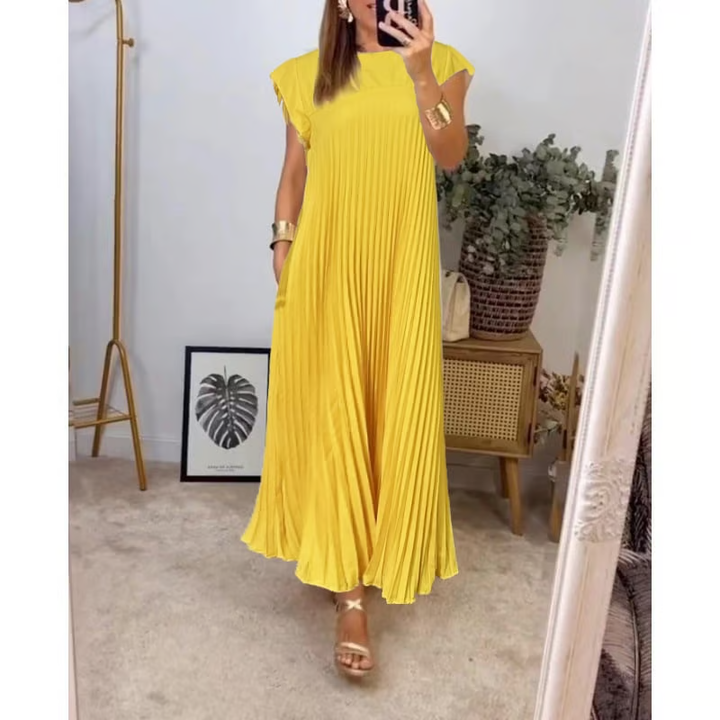 Yellow pleated midi dress with short puff sleeves and draped bodice