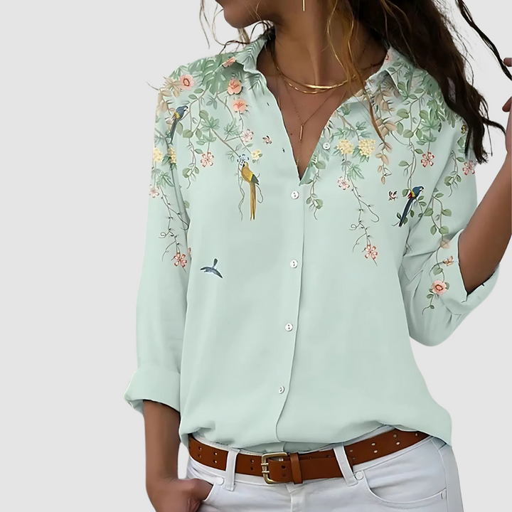 Soft blouse in mint green with botanical embroidery print, button-up front
